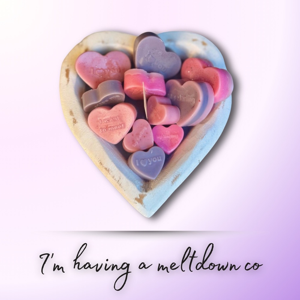 Heart shaped wax melts and dough bowl wood candle. Perfect Valentines gift.